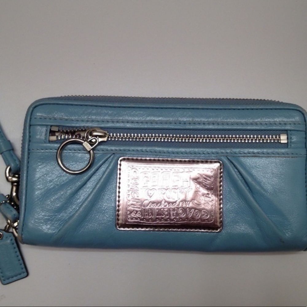 Coach poppy wristlet blue zipper leather wallet